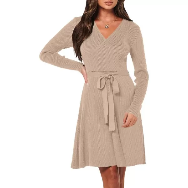 imageANRABESS Womens Sweater Dress V Neck Long Sleeve Tie Waist ALine Swing Ribbed Knit Short Dresses with BeltKhaki