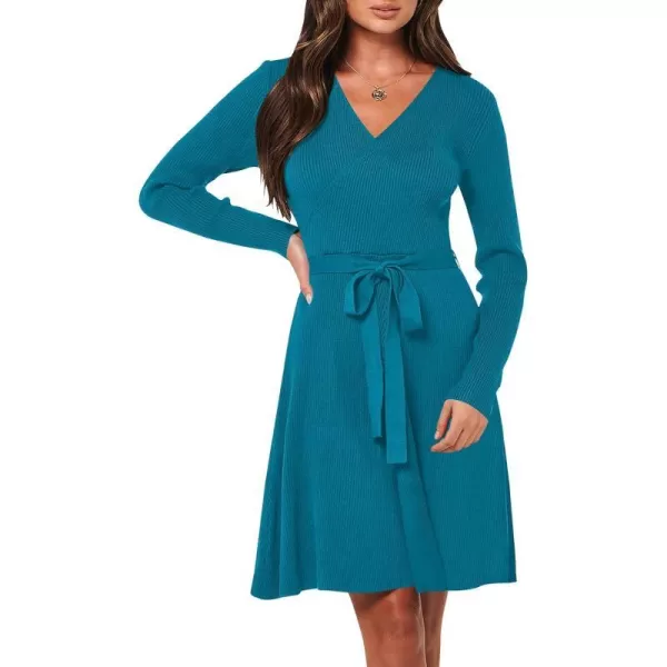 imageANRABESS Womens Sweater Dress V Neck Long Sleeve Tie Waist ALine Swing Ribbed Knit Short Dresses with BeltNavy Blue