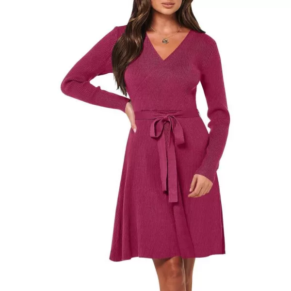 imageANRABESS Womens Sweater Dress V Neck Long Sleeve Tie Waist ALine Swing Ribbed Knit Short Dresses with BeltRed