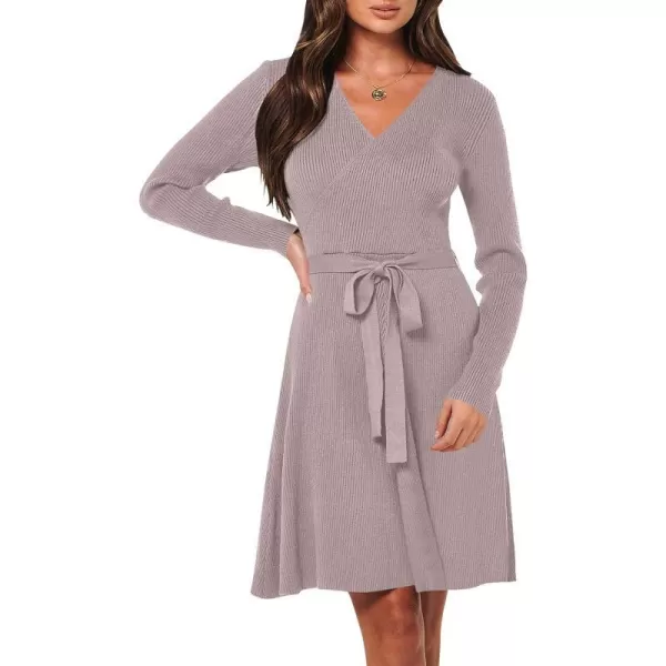 imageANRABESS Womens Sweater Dress V Neck Long Sleeve Tie Waist ALine Swing Ribbed Knit Short Dresses with BeltRed Apricot