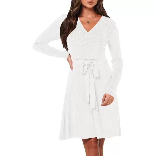 imageANRABESS Womens Sweater Dress V Neck Long Sleeve Tie Waist ALine Swing Ribbed Knit Short Dresses with BeltWhite