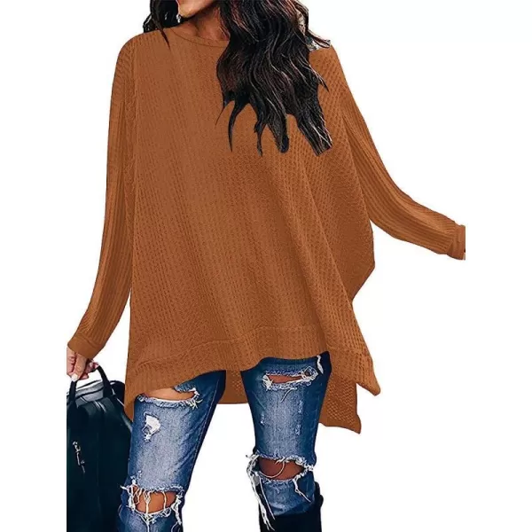 imageANRABESS Womens Sweater Oversized Turtleneck Long Batwing Sleeve Waffle Knit Casual Loose Split Hem Tunic Pullover TopsCaramel