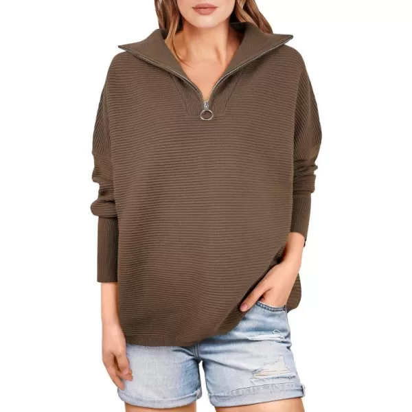 imageANRABESS Womens Sweaters Quarter Zip Oversized Pullover Casual V Neck Collared Ribbed Knit Tunic 2023 Fashion TopsAlmond