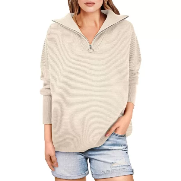imageANRABESS Womens Sweaters Quarter Zip Oversized Pullover Casual V Neck Collared Ribbed Knit Tunic 2023 Fashion TopsApricot