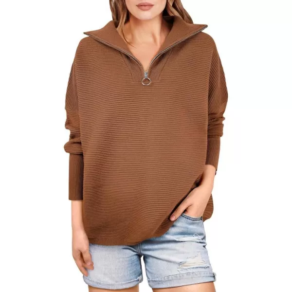 imageANRABESS Womens Sweaters Quarter Zip Oversized Pullover Casual V Neck Collared Ribbed Knit Tunic 2023 Fashion TopsBrown