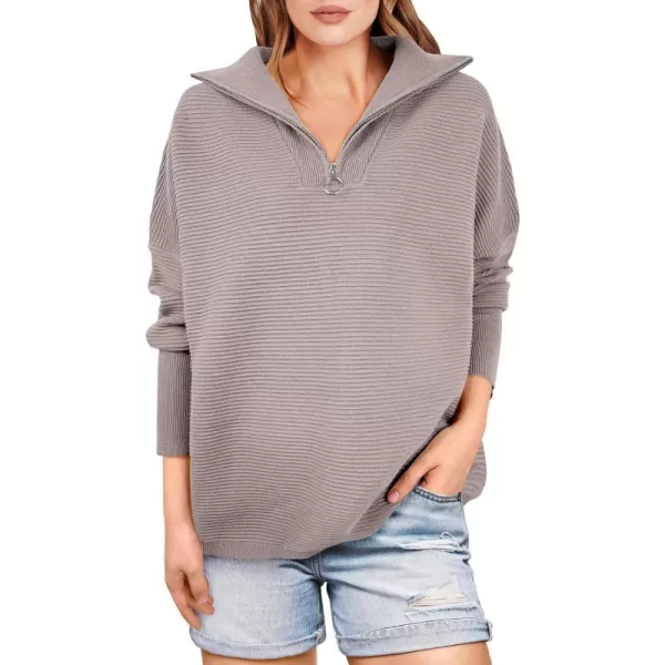 imageANRABESS Womens Sweaters Quarter Zip Oversized Pullover Casual V Neck Collared Ribbed Knit Tunic 2023 Fashion TopsCamel