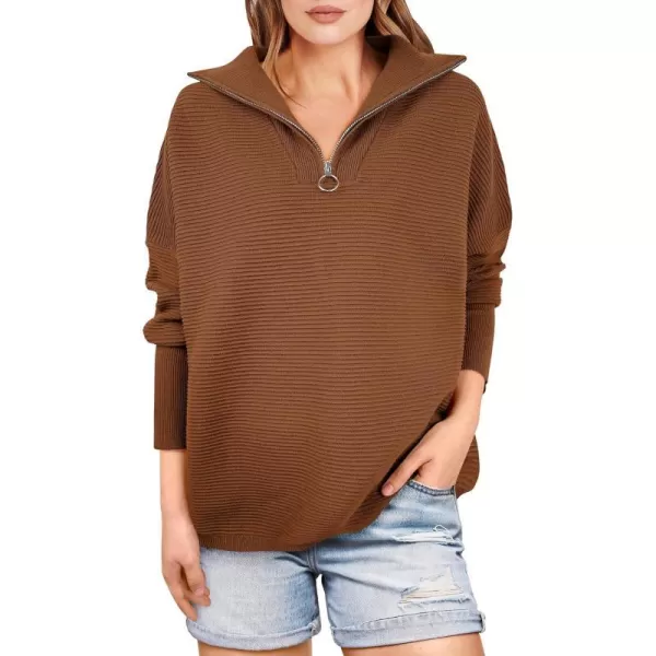 imageANRABESS Womens Sweaters Quarter Zip Oversized Pullover Casual V Neck Collared Ribbed Knit Tunic 2023 Fashion TopsCaramel
