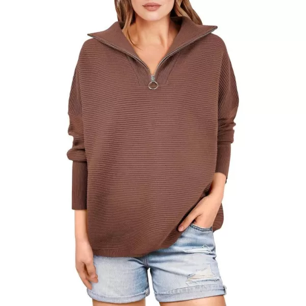 imageANRABESS Womens Sweaters Quarter Zip Oversized Pullover Casual V Neck Collared Ribbed Knit Tunic 2023 Fashion TopsCoffee