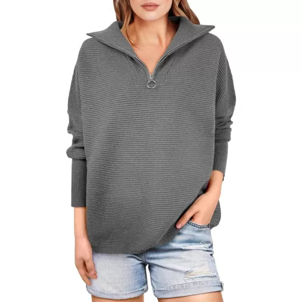imageANRABESS Womens Sweaters Quarter Zip Oversized Pullover Casual V Neck Collared Ribbed Knit Tunic 2023 Fashion TopsDark Gray