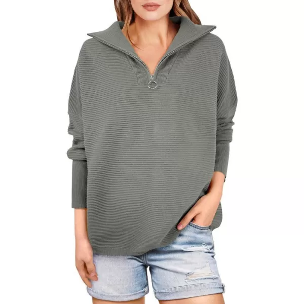 imageANRABESS Womens Sweaters Quarter Zip Oversized Pullover Casual V Neck Collared Ribbed Knit Tunic 2023 Fashion TopsGrass