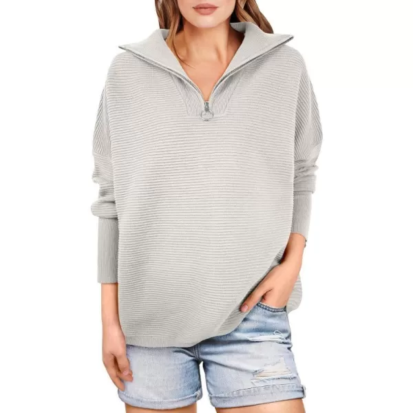 imageANRABESS Womens Sweaters Quarter Zip Oversized Pullover Casual V Neck Collared Ribbed Knit Tunic 2023 Fashion TopsGray