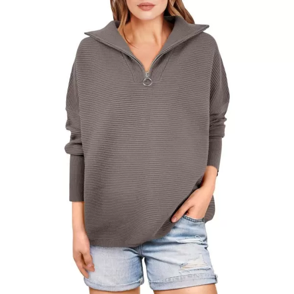 imageANRABESS Womens Sweaters Quarter Zip Oversized Pullover Casual V Neck Collared Ribbed Knit Tunic 2023 Fashion TopsGray Coffee