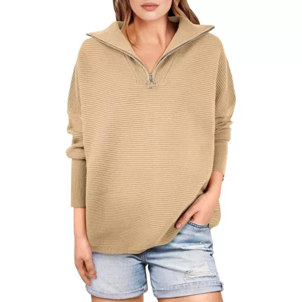 imageANRABESS Womens Sweaters Quarter Zip Oversized Pullover Casual V Neck Collared Ribbed Knit Tunic 2023 Fashion TopsKhaki