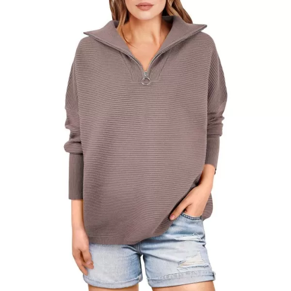 imageANRABESS Womens Sweaters Quarter Zip Oversized Pullover Casual V Neck Collared Ribbed Knit Tunic 2023 Fashion TopsNutmeg