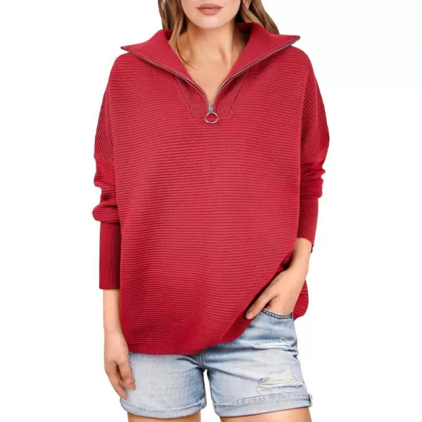 imageANRABESS Womens Sweaters Quarter Zip Oversized Pullover Casual V Neck Collared Ribbed Knit Tunic 2023 Fashion TopsRed