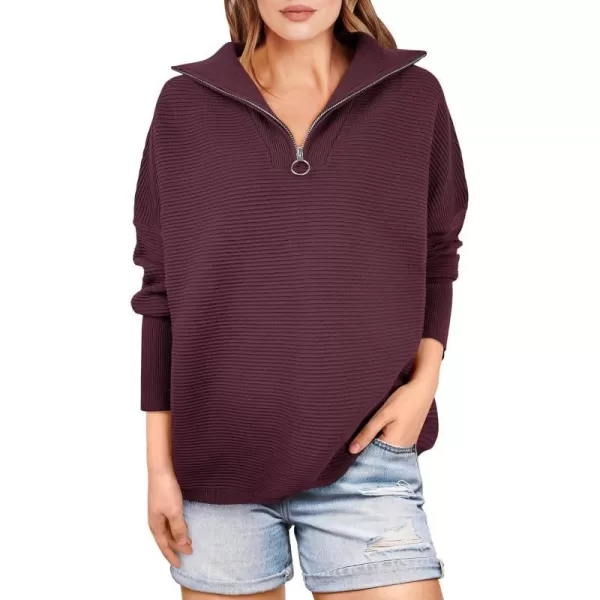 imageANRABESS Womens Sweaters Quarter Zip Oversized Pullover Casual V Neck Collared Ribbed Knit Tunic 2023 Fashion TopsWine Red