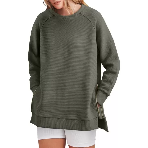 imageANRABESS Womens Sweatshirts Long Sleeve Tunic Tops Crew Neck Soft Pullover With Side Zipper Shirt Clothes 2023Army Green