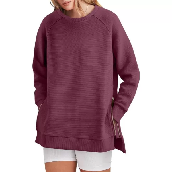 imageANRABESS Womens Sweatshirts Long Sleeve Tunic Tops Crew Neck Soft Pullover With Side Zipper Shirt Clothes 2023Burgundy