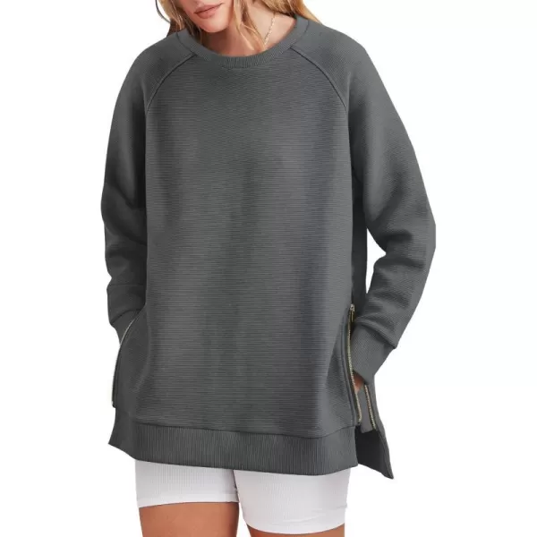 imageANRABESS Womens Sweatshirts Long Sleeve Tunic Tops Crew Neck Soft Pullover With Side Zipper Shirt Clothes 2023Dark Grey