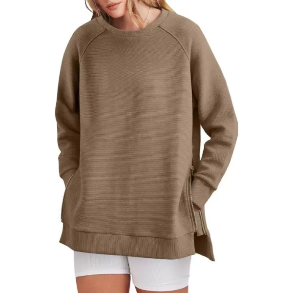 imageANRABESS Womens Sweatshirts Long Sleeve Tunic Tops Crew Neck Soft Pullover With Side Zipper Shirt Clothes 2023Khaki