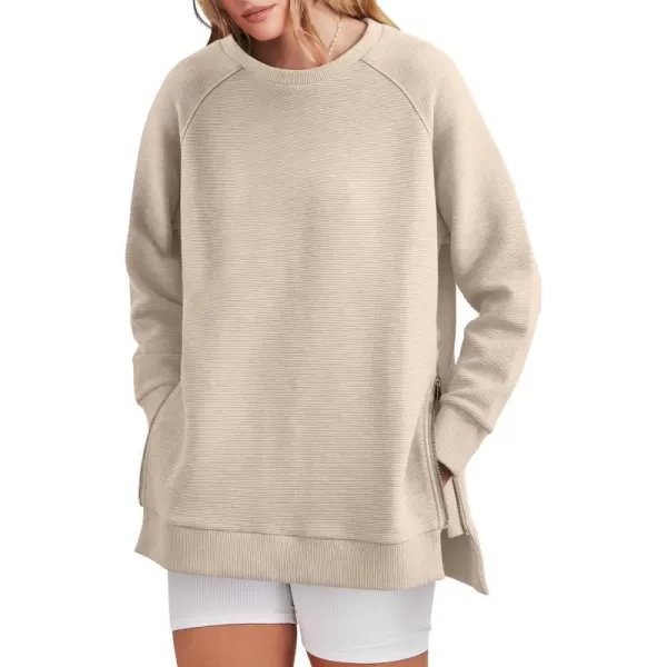 imageANRABESS Womens Sweatshirts Long Sleeve Tunic Tops Crew Neck Soft Pullover With Side Zipper Shirt Clothes 2023Light Apricot