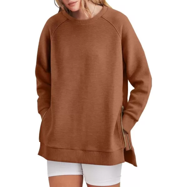 imageANRABESS Womens Sweatshirts Long Sleeve Tunic Tops Crew Neck Soft Pullover With Side Zipper Shirt Clothes 2023Rust