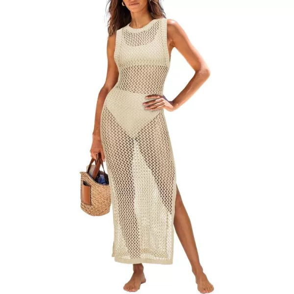 imageANRABESS Womens Swimsuit Cover Up Summer Sleeveless Hollow Knit Bikini Swimwear Bathing Suit Coverup Crochet Beach DressBeige