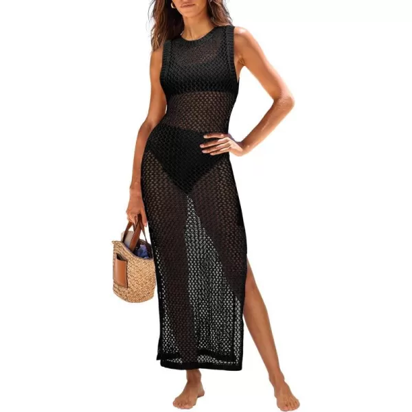 imageANRABESS Womens Swimsuit Cover Up Summer Sleeveless Hollow Knit Bikini Swimwear Bathing Suit Coverup Crochet Beach DressBlack