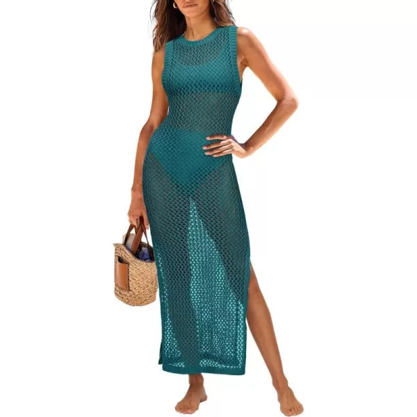 imageANRABESS Womens Swimsuit Cover Up Summer Sleeveless Hollow Knit Bikini Swimwear Bathing Suit Coverup Crochet Beach DressCyan