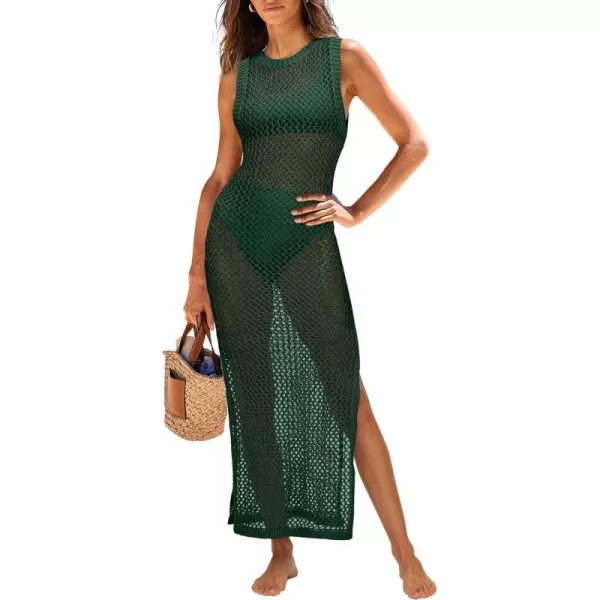 imageANRABESS Womens Swimsuit Cover Up Summer Sleeveless Hollow Knit Bikini Swimwear Bathing Suit Coverup Crochet Beach DressDeep Green