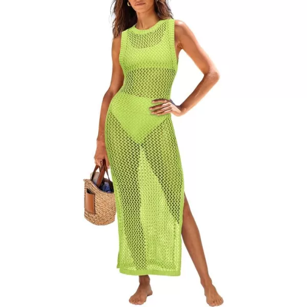 imageANRABESS Womens Swimsuit Cover Up Summer Sleeveless Hollow Knit Bikini Swimwear Bathing Suit Coverup Crochet Beach DressFluorescent Green