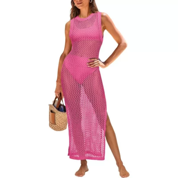 imageANRABESS Womens Swimsuit Cover Up Summer Sleeveless Hollow Knit Bikini Swimwear Bathing Suit Coverup Crochet Beach DressHot Pink