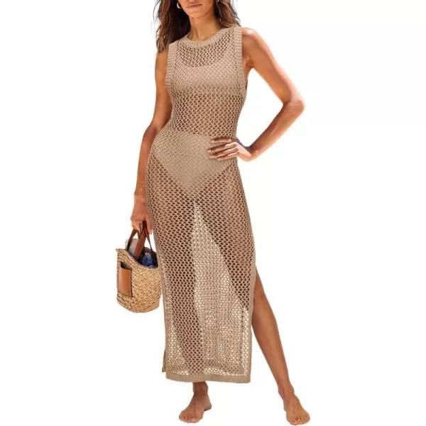 imageANRABESS Womens Swimsuit Cover Up Summer Sleeveless Hollow Knit Bikini Swimwear Bathing Suit Coverup Crochet Beach DressKhaki