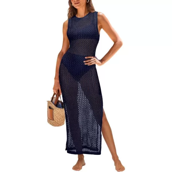 imageANRABESS Womens Swimsuit Cover Up Summer Sleeveless Hollow Knit Bikini Swimwear Bathing Suit Coverup Crochet Beach DressNavy Blue