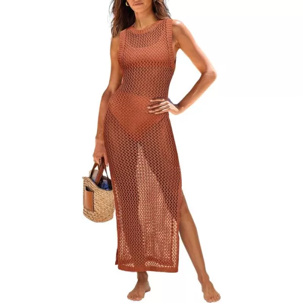 imageANRABESS Womens Swimsuit Cover Up Summer Sleeveless Hollow Knit Bikini Swimwear Bathing Suit Coverup Crochet Beach DressRust