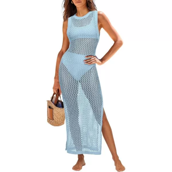imageANRABESS Womens Swimsuit Cover Up Summer Sleeveless Hollow Knit Bikini Swimwear Bathing Suit Coverup Crochet Beach DressSky Blue