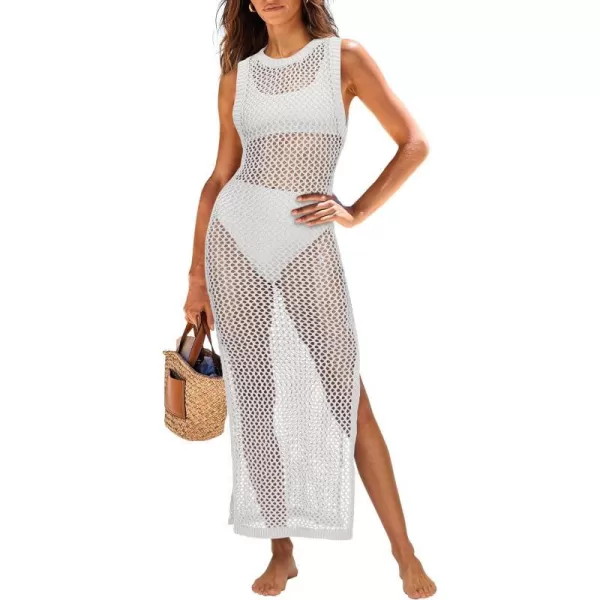 imageANRABESS Womens Swimsuit Cover Up Summer Sleeveless Hollow Knit Bikini Swimwear Bathing Suit Coverup Crochet Beach DressWhite