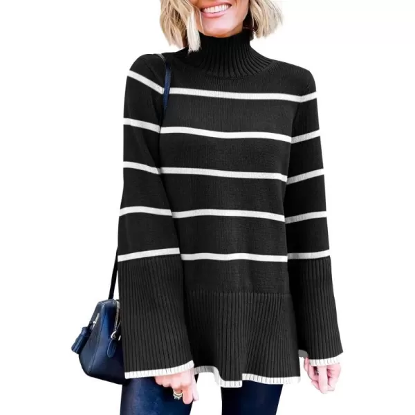 imageANRABESS Womens Trendy Sweaters Pullover Turtleneck Oversized Long Sleeve Split Hem Casual Knit Sweater TopsBlackampwhite