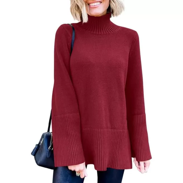 imageANRABESS Womens Trendy Sweaters Pullover Turtleneck Oversized Long Sleeve Split Hem Casual Knit Sweater TopsRed
