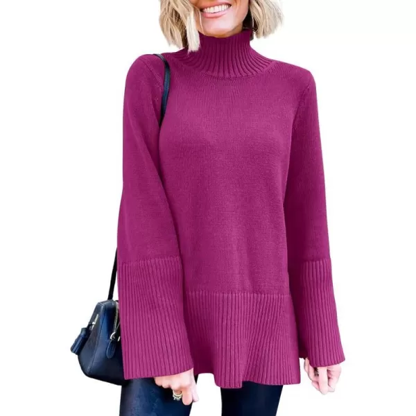 imageANRABESS Womens Trendy Sweaters Pullover Turtleneck Oversized Long Sleeve Split Hem Casual Knit Sweater TopsRose Red