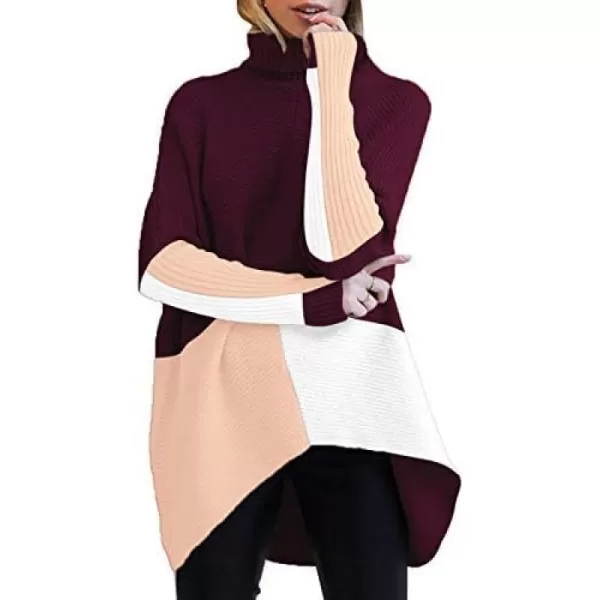 imageANRABESS Womens Turtleneck Long Batwing Sleeve Asymmetric Hem Casual Pullover Sweater Knit TopsZcolorblock