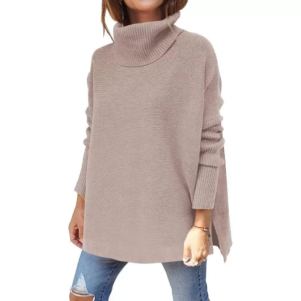 imageANRABESS Womens Turtleneck Oversized 2022 Long Batwing Sleeve Spilt Hem Knit Tunic Pullover Sweater TopsAlmond