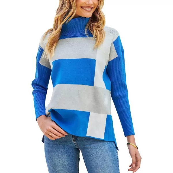 imageANRABESS Womens Turtleneck Oversized 2022 Long Batwing Sleeve Spilt Hem Knit Tunic Pullover Sweater TopsPlaidblue