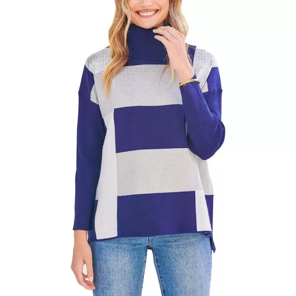 imageANRABESS Womens Turtleneck Oversized 2022 Long Batwing Sleeve Spilt Hem Knit Tunic Pullover Sweater TopsPlaidnavy Blue