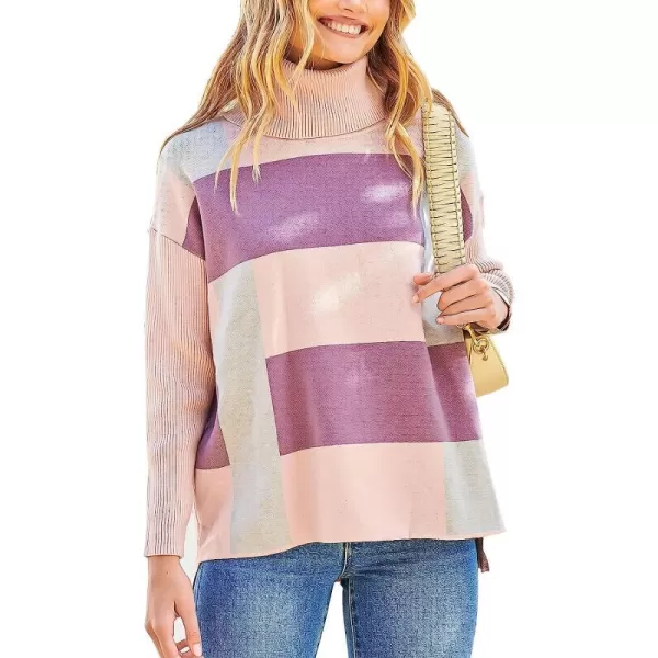 imageANRABESS Womens Turtleneck Oversized 2022 Long Batwing Sleeve Spilt Hem Knit Tunic Pullover Sweater TopsPlaidpink