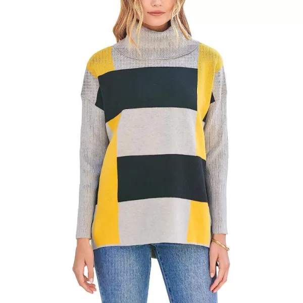 imageANRABESS Womens Turtleneck Oversized 2022 Long Batwing Sleeve Spilt Hem Knit Tunic Pullover Sweater TopsPlaidyellow