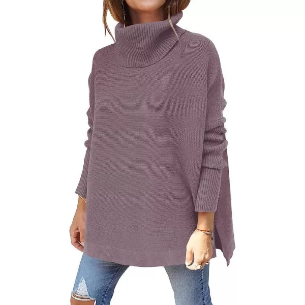 imageANRABESS Womens Turtleneck Oversized 2022 Long Batwing Sleeve Spilt Hem Knit Tunic Pullover Sweater TopsPurple