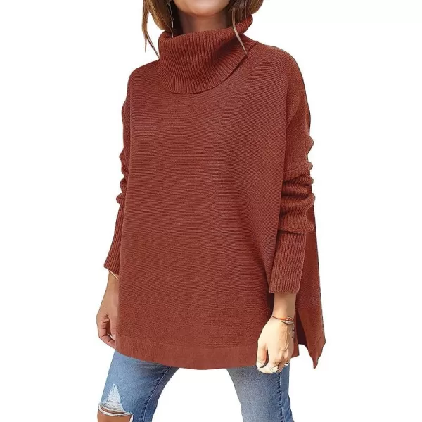 imageANRABESS Womens Turtleneck Oversized 2022 Long Batwing Sleeve Spilt Hem Knit Tunic Pullover Sweater TopsRust