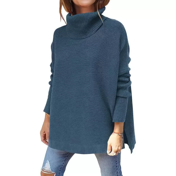 imageANRABESS Womens Turtleneck Oversized 2022 Long Batwing Sleeve Spilt Hem Knit Tunic Pullover Sweater TopsTeal