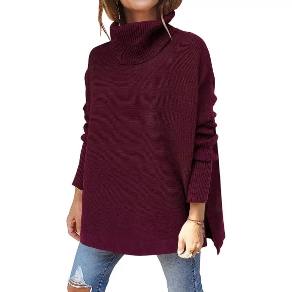 imageANRABESS Womens Turtleneck Oversized 2022 Long Batwing Sleeve Spilt Hem Knit Tunic Pullover Sweater TopsWine Red